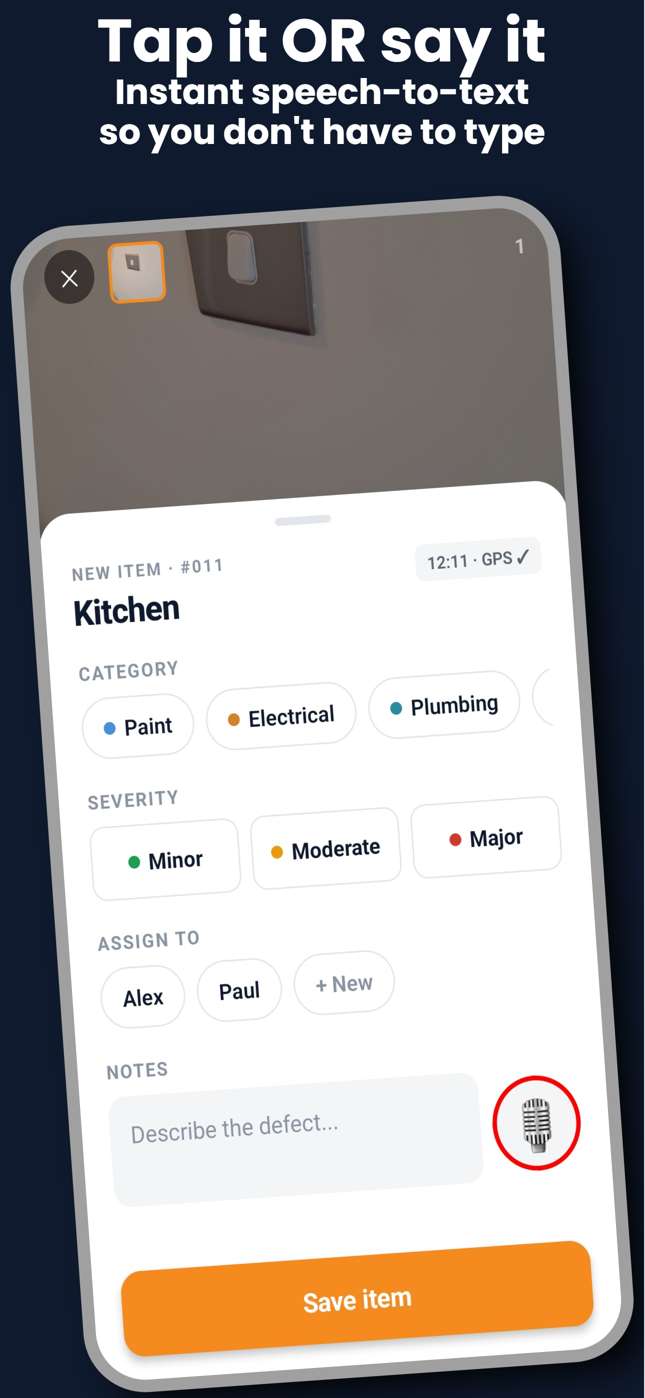 SnagBook item form with speech-to-text