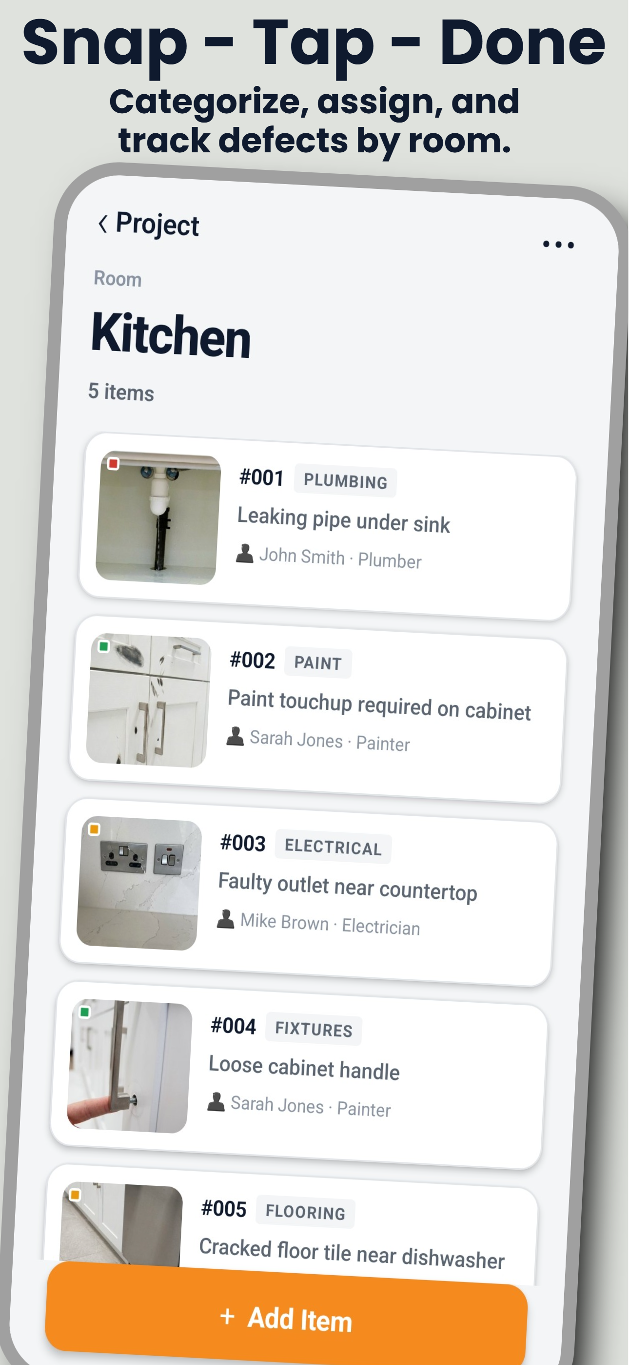 SnagBook room detail with defect list